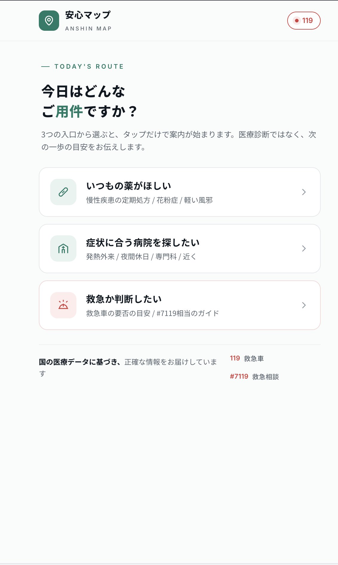 安心マップのモバイルUI画面。症状入力から受診先案内までの導線を10秒で完了する操作画面の例