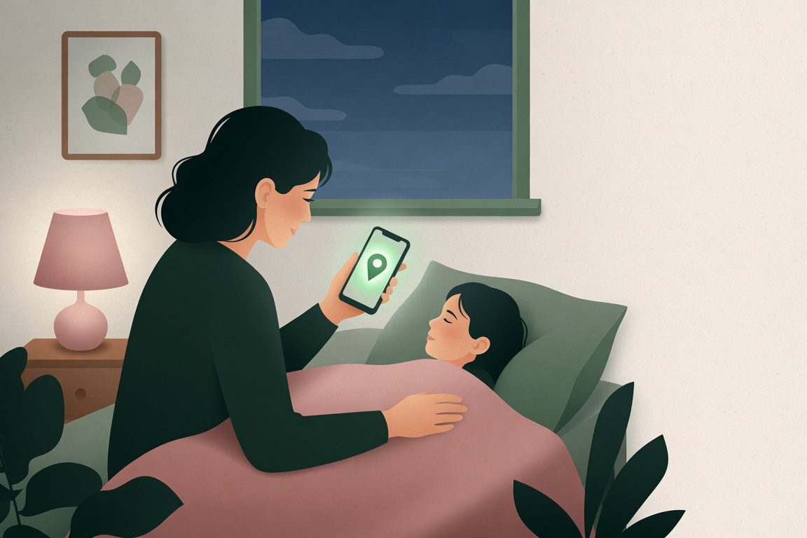 夜間、スマホで受診先を確認する保護者のイラスト（イメージ）